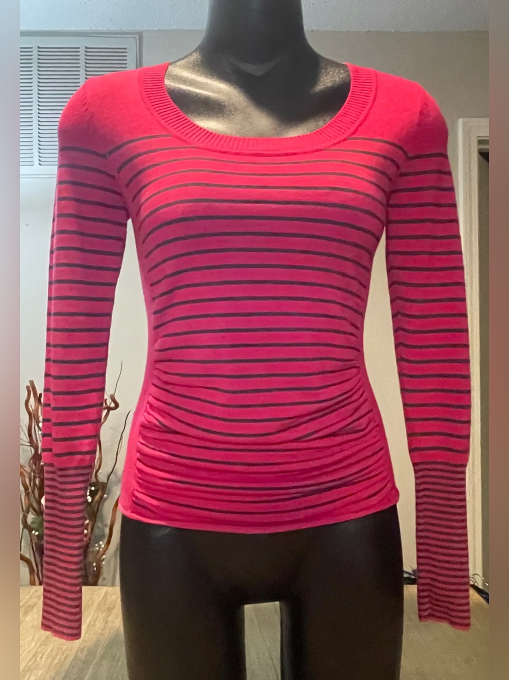 Takeout Women's Hot Pink & Grey Striped Long-Sleeve Scoop Neck Top, Size Medium